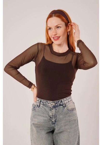 Transparan Kahverengi Tül Basic Bluz