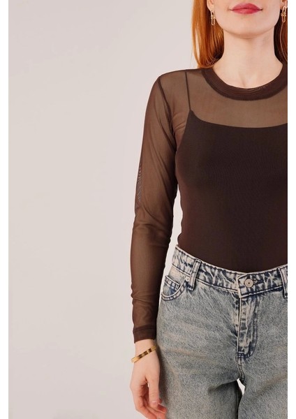 Transparan Kahverengi Tül Basic Bluz