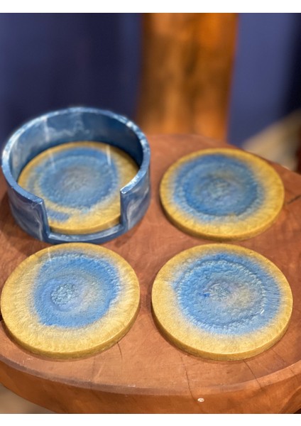 Epoksi Mavi-Gold 4'lü Bardak Altlığı & Tabağı Takımı