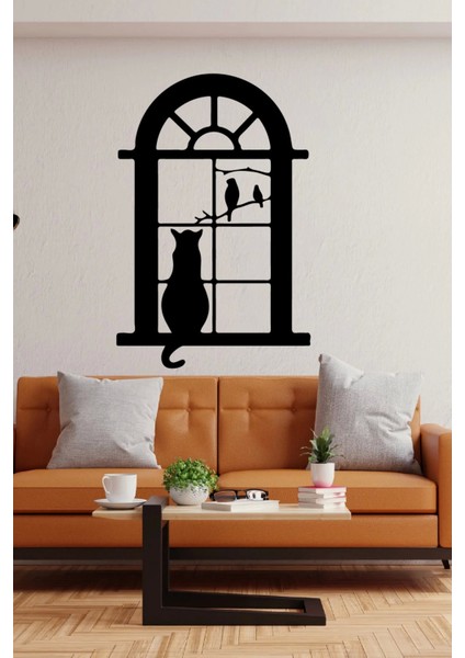 Pencerede Oturan Kuşları Izleyen Kedi Duvar Sticker Yapıştırma (Sudan ve Nemden Etkilenmez)