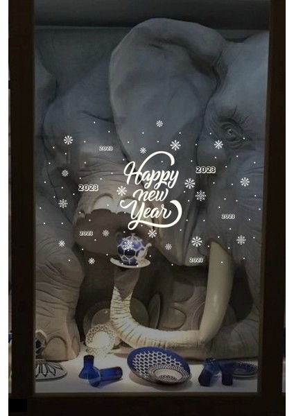 Yılbaşı Happy New Year Sticker Çıkartma Süsü Yeni Yıl Süsü Parti Cam Süsü Noel Ağacı Kar Tanesi 2023
