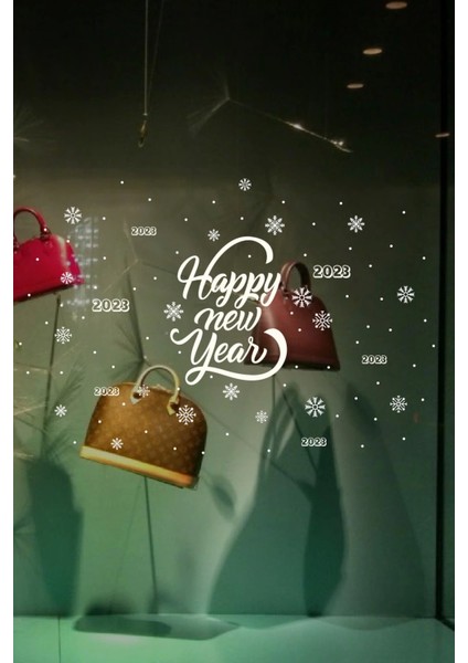 Yılbaşı Happy New Year Sticker Çıkartma Süsü Yeni Yıl Süsü Parti Cam Süsü Noel Ağacı Kar Tanesi 2023