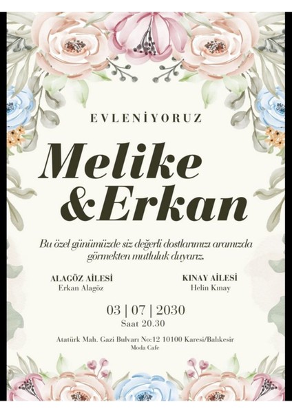 Düğün Davetiyesi , Nişan Davetiyesi , Kına Davetiyesi 50 Adet