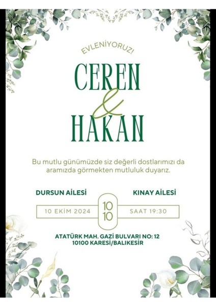 Düğün Davetiyesi , Nişan Davetiyesi , Kına Davetiyesi 50 Adet