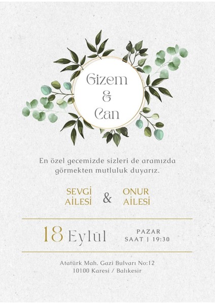 Davetiye, Düğün Davetiyesi, Nikah Davetiyesi, Nişan Davetiyesi (50 Adet)
