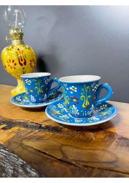 2 Adet Çini Desenli Kahve Fincanı Çini Lale Desenli Tabaklı Fincan Seti 4 Parça