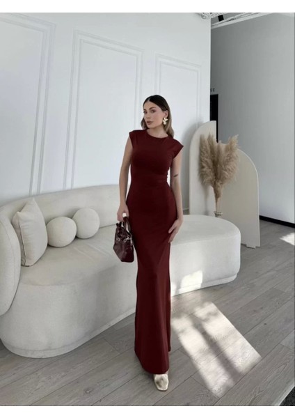 Kolsuz Uzun Likralı Elbise - Bordo