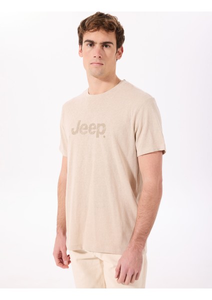 Bisiklet Yaka Baskılı Bej Erkek T-Shirt J5SM-TST7322