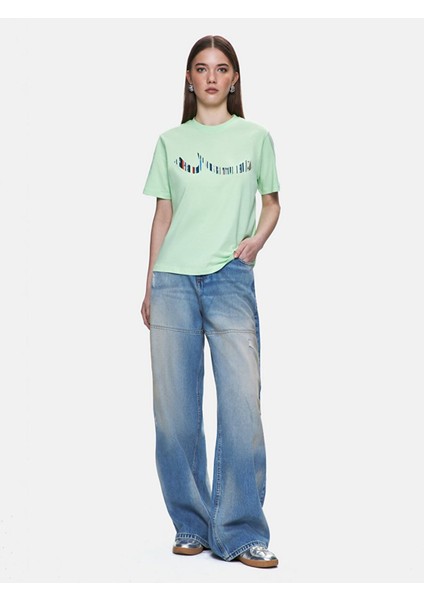 Kadın Baskılı Kısa Kollu Sıgnlı Regular Yeşil T-shırt