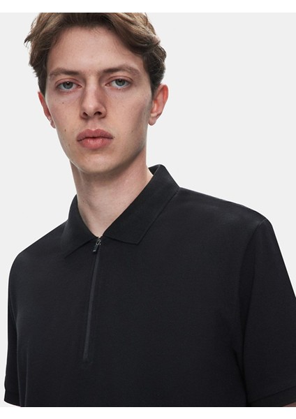 Erkek Polo Yaka Fermuarlı Kısa Kollu Regular Siyah T-shırt indirimleri