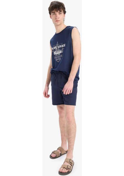Regular Fit Kısa Boy Cepli File Astarlı Beli Bağcıklı Düz Hafif Kumaş Deniz Şortu E5133AXNS