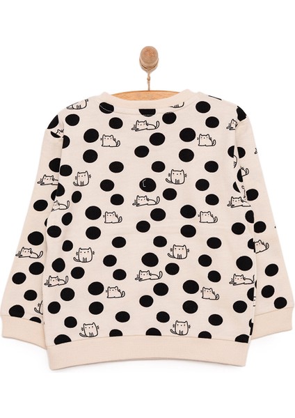 Basic Az Şardonlu Kedi Desenli Puantiyeli Sweatshirt Kız Bebek Bisiklet Yaka Uzun Kol fiyatları