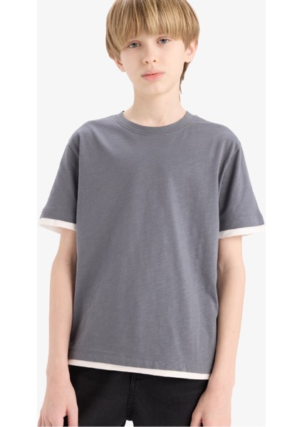 Erkek Çocuk Bisiklet Yaka Basic Düz Kısa Kollu Tişört B5928A825SM