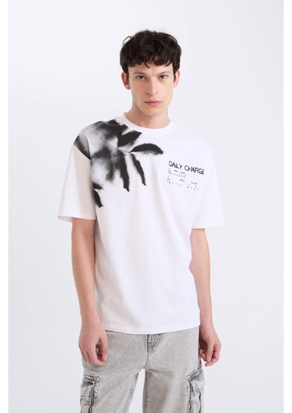 %100 Pamuk Boxy Fit Bisiklet Yaka Baskılı Kısa Kollu Tişört D5582AX25SP