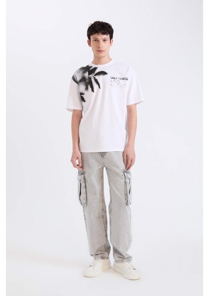 %100 Pamuk Boxy Fit Bisiklet Yaka Baskılı Kısa Kollu Tişört D5582AX25SP fiyatları