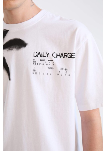 %100 Pamuk Boxy Fit Bisiklet Yaka Baskılı Kısa Kollu Tişört D5582AX25SP fırsatları