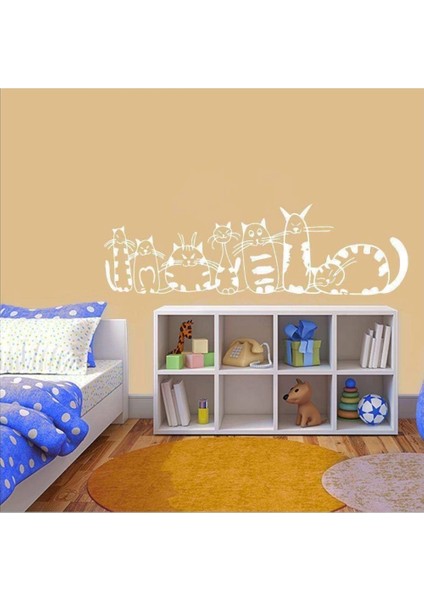 Çok Büyük Boy Sevimli Kedicik Ailesi Dekoratif Duvar Sticker, Çıkartma, Etiket Beyaz