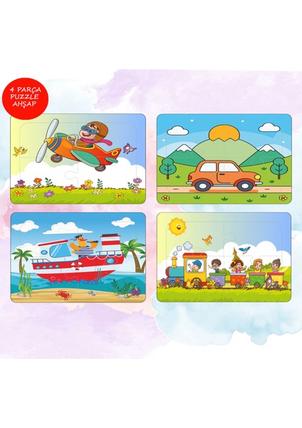 4 Adet 16 Parça Araçlar Ahşap Puzzle Eğlenceli Yapboz