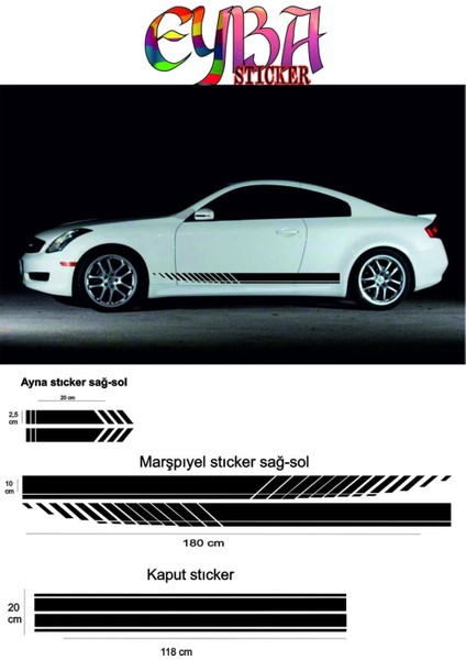 Oto Kaput-Marşpiyel-Yan Ayna Sticker 5 Li Set 180*10-90*20-20*2,5 cm Sport 3