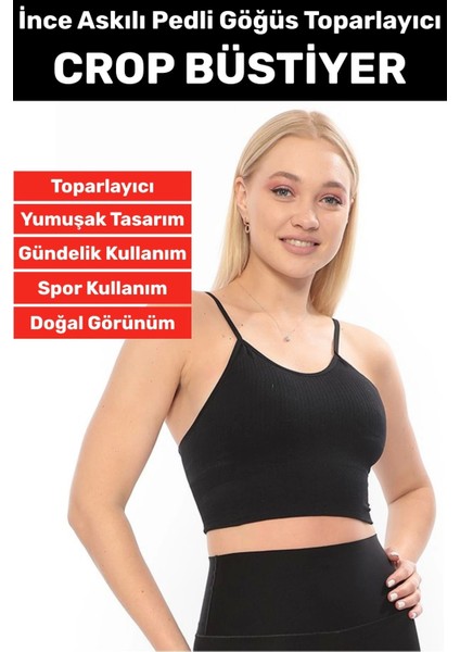 Göğüs Toparlayıcı Sarkma Önleyen Gündelik Spor Kullanım Şık Ince Askılı Pedli Çizgili Crop Büstiyer