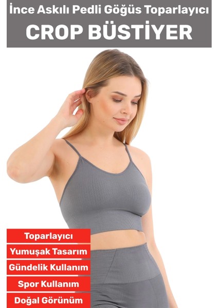 Göğüs Toparlayıcı Sarkma Önleyen Gündelik Spor Kullanım Şık Ince Askılı Pedli Çizgili Crop Büstiyer