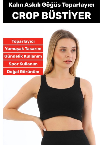 Göğüs Toparlayıcı Sarkma Önleyen Gündelik Spor Kullanım Şık Kalın Askılı Çizgili Crop Büstiyer