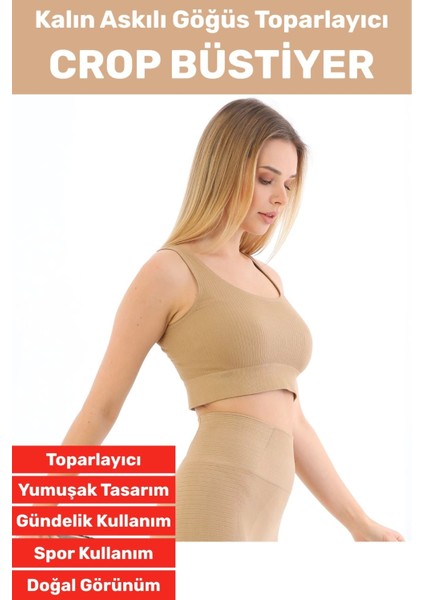 Göğüs Toparlayıcı Sarkma Önleyen Gündelik Spor Kullanım Şık Kalın Askılı Çizgili Crop Büstiyer