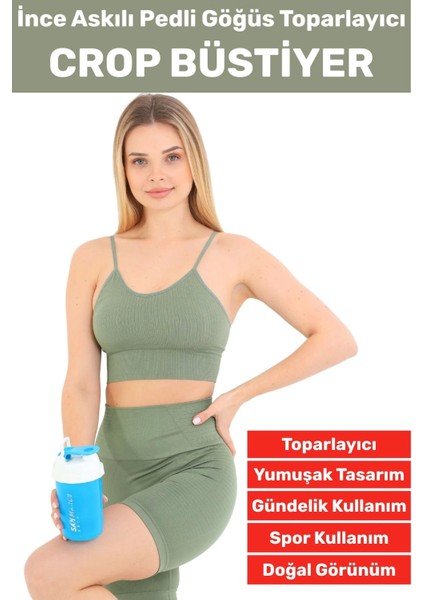 Göğüs Toparlayıcı Sarkma Önleyen Gündelik Spor Kullanım Şık Ince Askılı Pedli Çizgili Crop Büstiyer