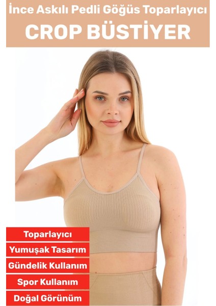 Göğüs Toparlayıcı Sarkma Önleyen Gündelik Spor Kullanım Şık Ince Askılı Pedli Çizgili Crop Büstiyer