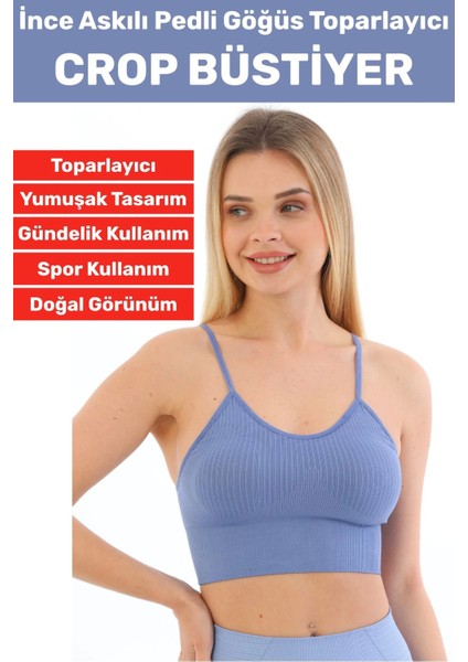 Göğüs Toparlayıcı Sarkma Önleyen Gündelik Spor Kullanım Şık Ince Askılı Pedli Çizgili Crop Büstiyer