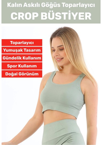 Göğüs Toparlayıcı Sarkma Önleyen Gündelik Spor Kullanım Şık Kalın Askılı Çizgili Crop Büstiyer
