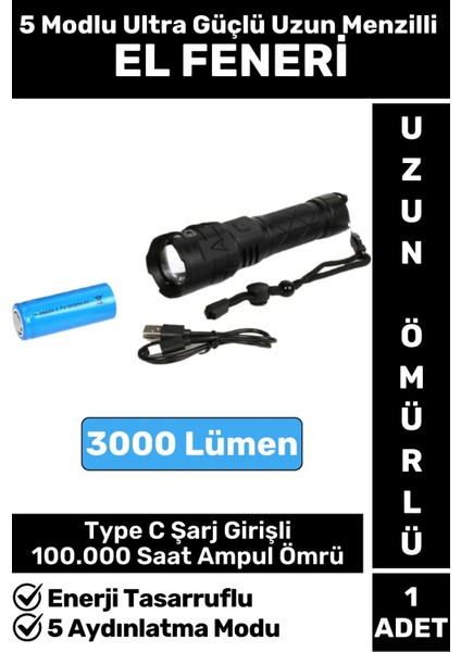 Premium Seri Uzun Ömürlü Kamp Avcı Deprem 5 Modlu Şarjlı Beyaz Işık 3000 Lümen El Feneri