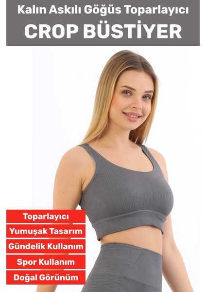Göğüs Toparlayıcı Sarkma Önleyen Gündelik Spor Kullanım Şık Kalın Askılı Çizgili Crop Büstiyer