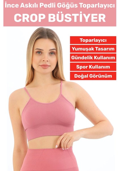Göğüs Toparlayıcı Sarkma Önleyen Gündelik Spor Kullanım Şık Ince Askılı Pedli Çizgili Crop Büstiyer