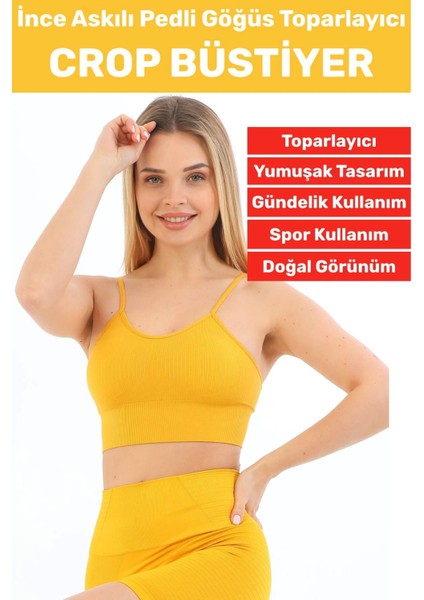 Göğüs Toparlayıcı Sarkma Önleyen Gündelik Spor Kullanım Şık Ince Askılı Pedli Çizgili Crop Büstiyer