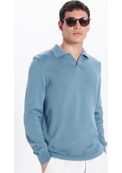 Erkek Slim Fit Dar Kesim Polo V Yaka Indigo Triko Kazak