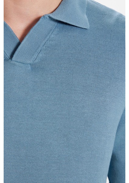 Erkek Slim Fit Dar Kesim Polo V Yaka Indigo Triko Kazak modelleri
