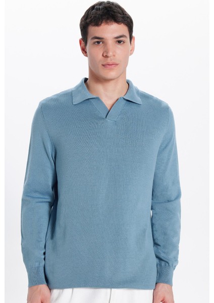 Erkek Slim Fit Dar Kesim Polo V Yaka Indigo Triko Kazak fırsatları