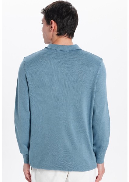 Erkek Slim Fit Dar Kesim Polo V Yaka Indigo Triko Kazak indirimleri