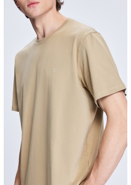 Bej Regular Fit Bisiklet Yaka Pamuklu Triko Tişört fırsatları