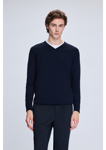 Lacivert Regular Fit V Yaka Rayon Kazak