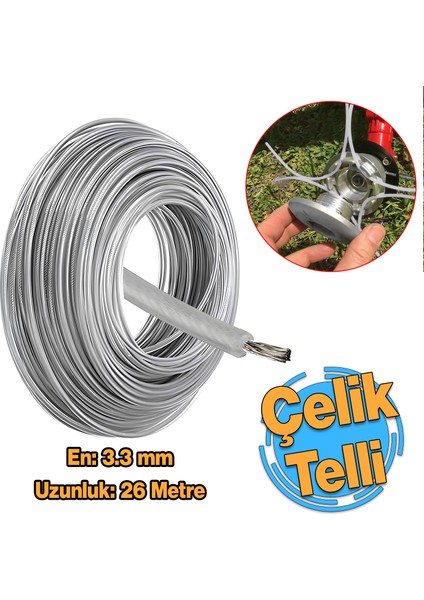 Çelik Telli Motorlu Tırpan Yuvarlak Misina 3.3 mm 26 Metre Çim Ot Biçme Teli Güçlü Profesyonel