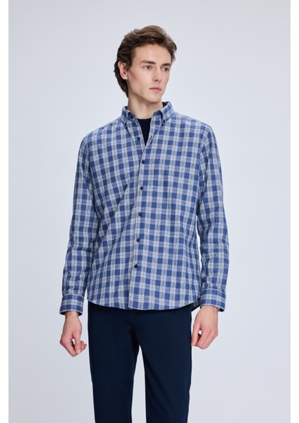 Mavi Slim Fit Kareli Düğmeli Yaka Uzun Kollu Pamuklu Gömlek