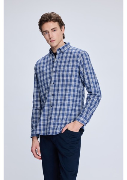 Mavi Slim Fit Kareli Düğmeli Yaka Uzun Kollu Pamuklu Gömlek modelleri