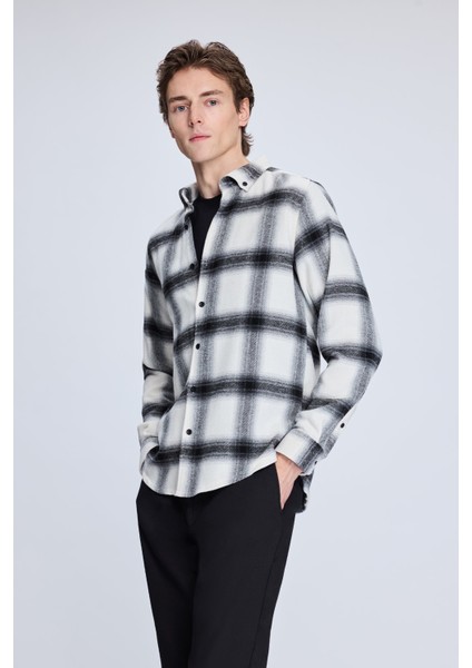 Siyah Slim Fit Kareli Düğmeli Yaka Uzun Kollu Pamuklu Gömlek modelleri