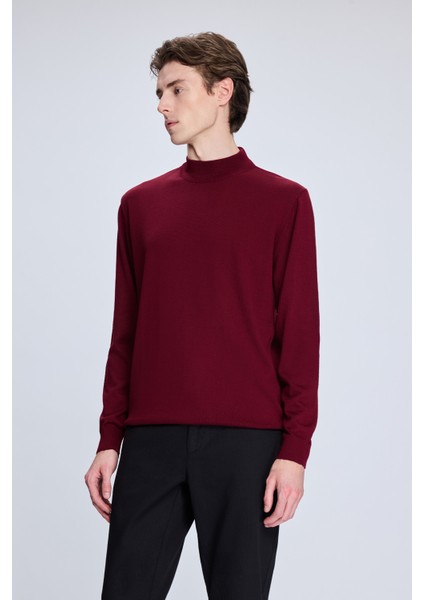 Bordo Regular Fit Yarım Balıkçı Yaka Yünlü Triko Kazak modelleri