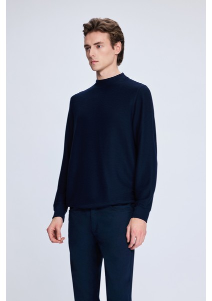 Lacivert Regular Fit Jakarlı Yarım Balıkçı Yaka Sweatshirt