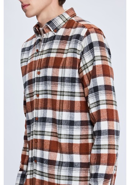 Kiremit Slim Fit Kareli Düğmeli Yaka Uzun Kollu Pamuklu Gömlek fırsatları