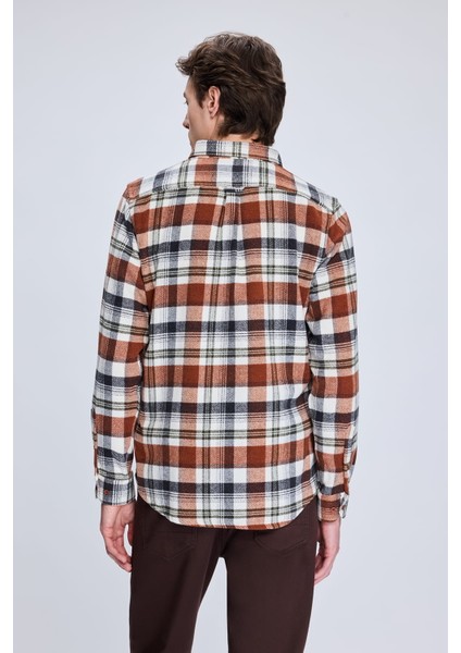 Kiremit Slim Fit Kareli Düğmeli Yaka Uzun Kollu Pamuklu Gömlek indirimleri