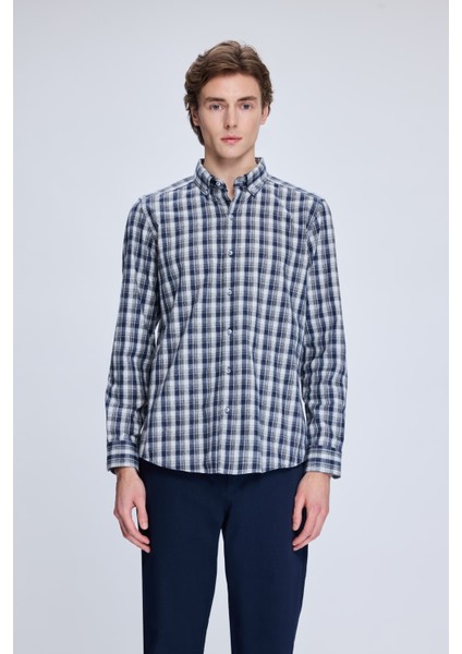 Lacivert Slim Fit Kareli Düğmeli Yaka Uzun Kollu Pamuklu Gömlek